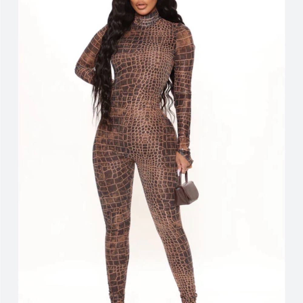 Blanc Clothing Sexy in Snake mesh Brown Animal Print Jumpsuit